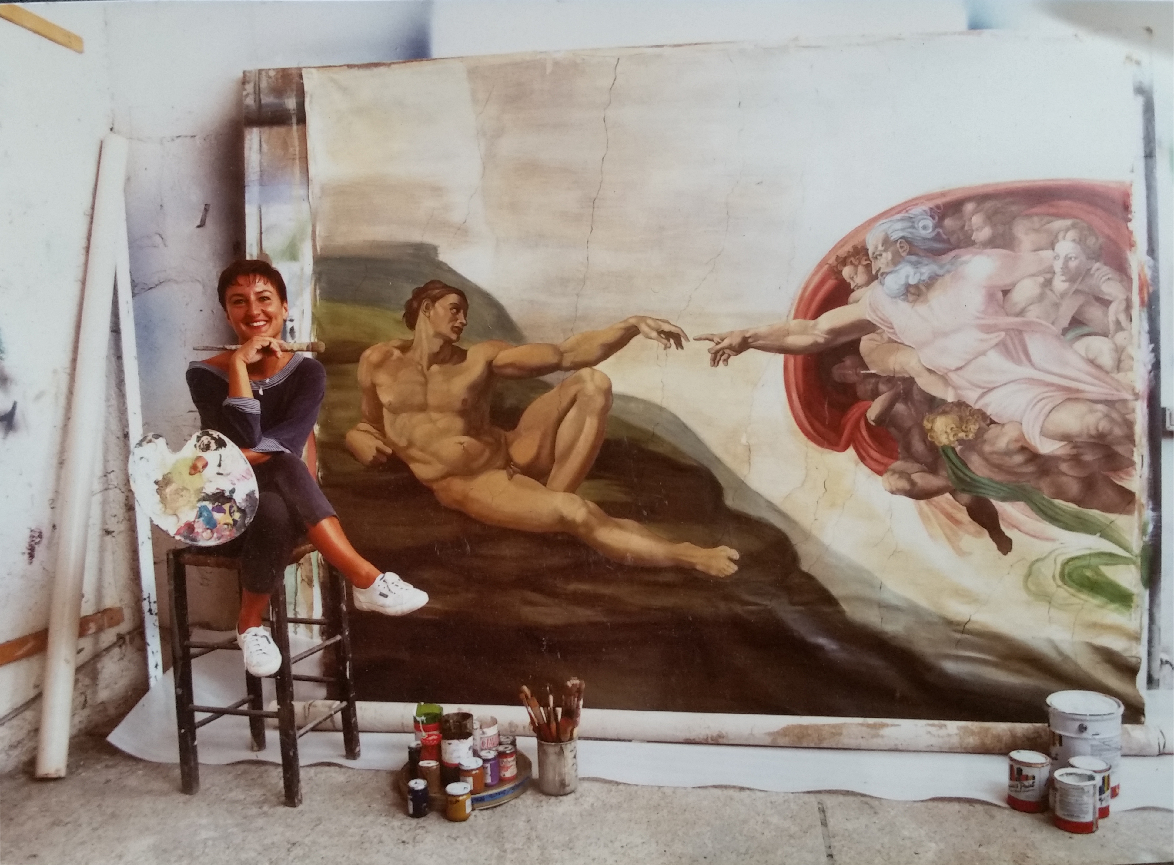 Michelangelo - "la creazione di Adamo" Collezione privata Roma Tecnica mista. Colorazione ad acrilico su tela. Cm 350x500