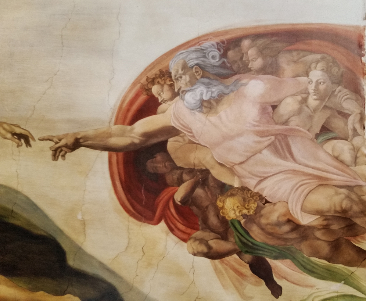 Michelangelo - "la creazione di Adamo" Collezione privata Roma Tecnica mista. Colorazione ad acrilico su tela. Cm 350x500