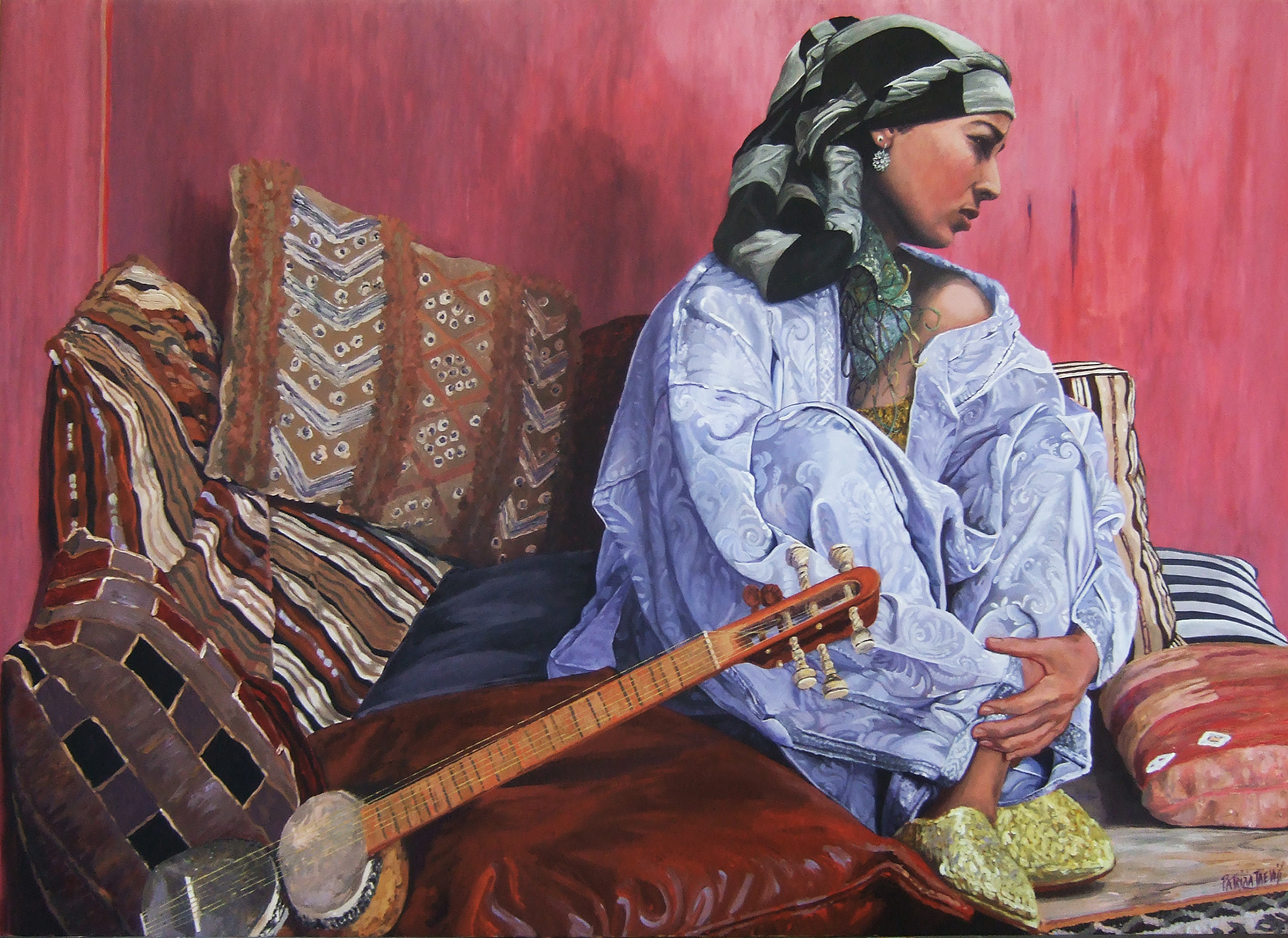 acrilico su tela, donne orientaliste, quadri orientalisti per albergo, quadri per albergo, ritratto orientalista, donna musica orientalista, liutista orientalista, liuto marocchina, Quadri Orientalisti di Patrizia Trevisi