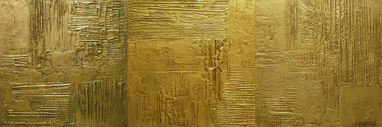 Piastre oro Collezioni private Gesso modellato su multistrato. Colorazione con pigmento oro, foglia similoro. Cm 60×60