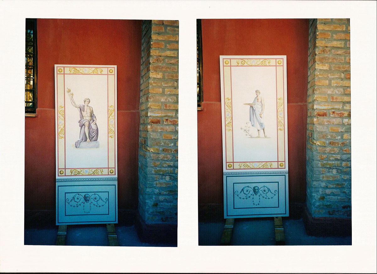 "Olimpo" Residenza privata Roma. Libreria decorata a grottesche. Acrilico sul legno. Soffitti decorati Acrilico su muro. Mq 80