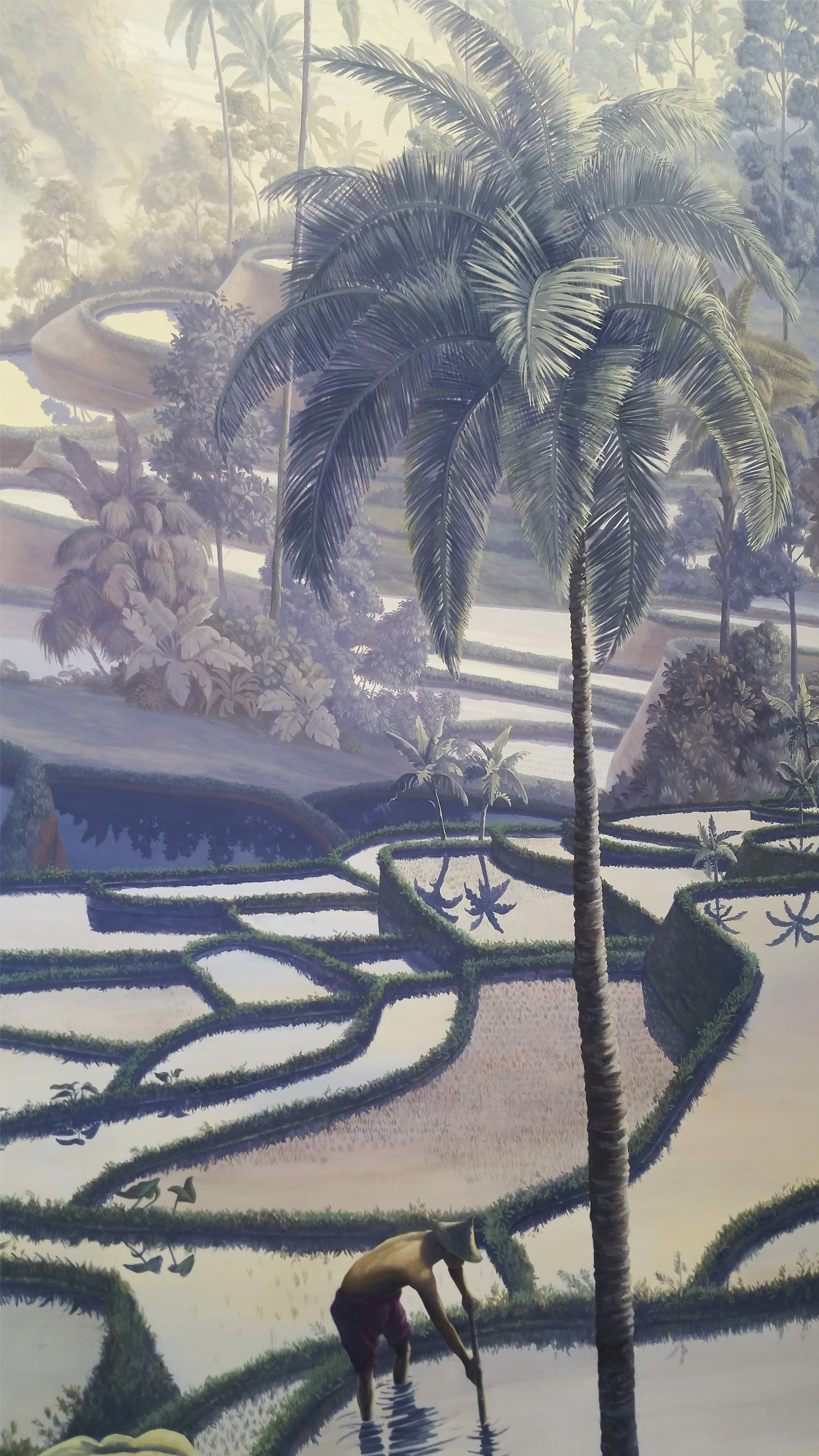 balinese Decò, grande quadro veduta risaie, orientalisti, Veduta, acrilico su tela