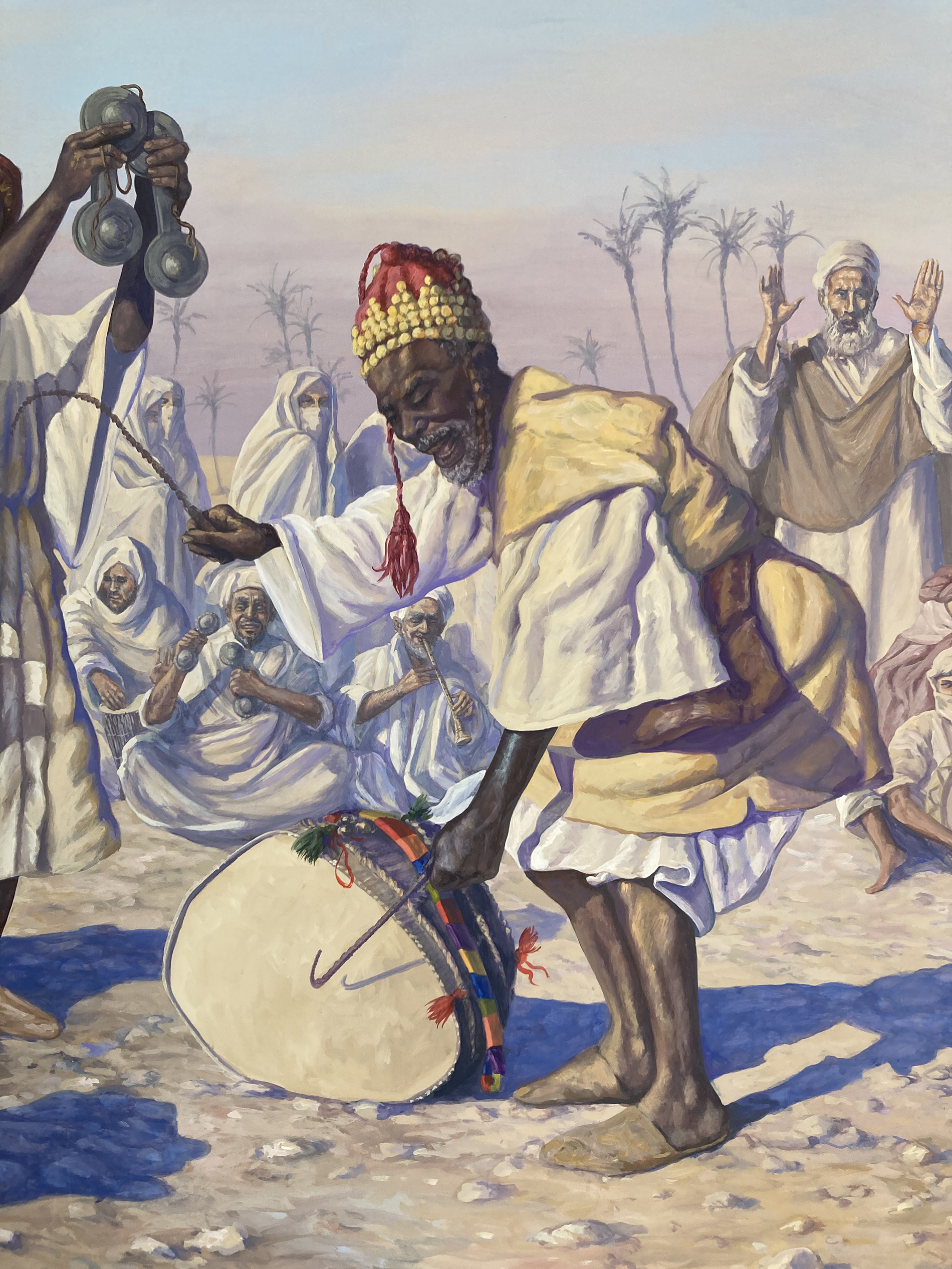 "Gnaoua Festival", quadro orientalista, veduta del deserto, musicisti di Gnaoua, strumenti musicali marocchini, tecnica mista, acrilico su tavola,dipinti ad acrilico su tavola